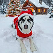 Toby joined the competition — help win amazing prizes! animal, cabin, celebration, christmas_tree, cold_weather, dog, festive, gifts, holiday, husky, lights, nature, ornaments, outdoors, pet, pine_trees, santa_outfit, snow, snowfall, winter