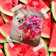 Grizelda joined the competition — help win amazing prizes! chihuahua, dog, pet, dress, pink, wood_floor, watermelon, fruit, slice, background, tape, collage, colorful, cute, small_dog, animal, domestic_animal, portrait, standing, decorative
