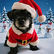 Jake is registered to the contest to win money with this photo: dog, puppy, santa_hat, santa_suit, snow, snowman, winter, holiday, christmas, festive, outdoor, night, lights, trees, cute, black_dog, fur, cold, animal, celebration