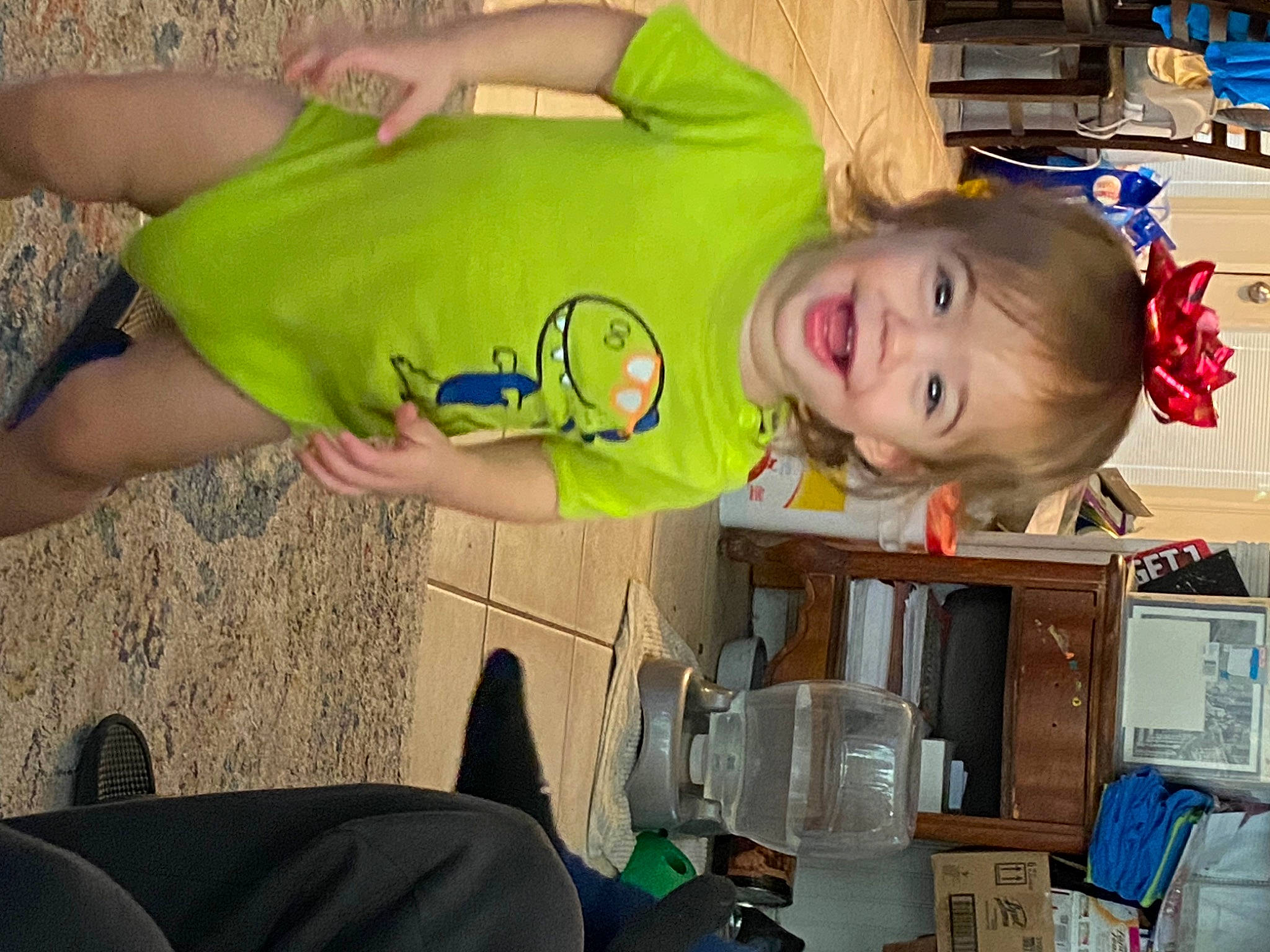 Dexter is registered to the contest to win money with this photo: baby, baby_toddler_clothing, child, event, fun, happy, human_leg, joy, person, play, room, smile, t_shirt, thigh, toddler, vacation, wrist