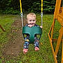 Sawyer is registered to the contest to win money with this photo: child, toddler, swing, playground, outdoor, grass, trees, smiling, happy, barefoot, clothing, yellow_chain, green_swing, wooden_structure, nature, play, fun, baby, cute, daytime