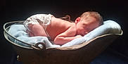 Odon is registered to the contest to win money with this photo: baby, newborn, sleeping, blanket, basket, diaper, infant, soft, rest, peaceful, cute, skin, head, pose, cozy, warm_light, dark_background, small, child, portrait