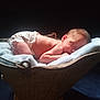 baby, newborn, sleeping, blanket, basket, diaper, infant, soft, rest, peaceful, cute, skin, head, pose, cozy, warm_light, dark_background, small, child, portrait