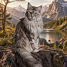 animal, cat, flower, fluffy_tail, forest, lake, landscape, long_hair, majestic, mountain, nature, outdoor, rock, scenery, serene, sunlight, sunset, tree, wilderness, wildlife