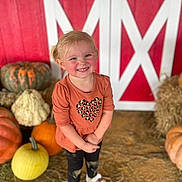 Madison is registered to the contest to win money with this photo: child, toddler, smiling, portrait, outdoor, pumpkin_patch, pumpkins, gourds, autumn, fall, hay, barn, red_background, white_pattern, orange_shirt, leopard_print, black_leggings, sandals, standing, farm