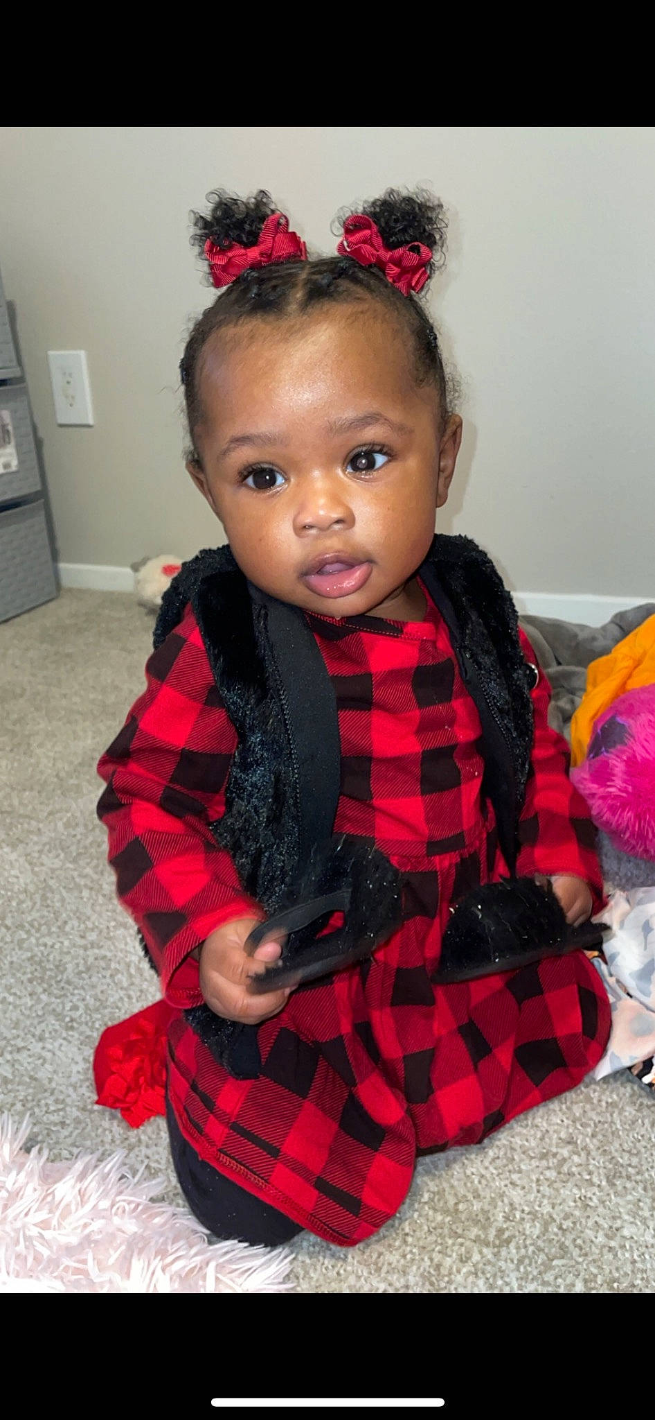 Leah joined the competition — help win amazing prizes! baby_toddler_clothing, black, black_hair, cheek, collar, dress, eyelash, human_body, iris, lip, neck, person, pink, plaid, red, skin, sleeve, tartan, textile, toddler