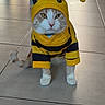 cat, costume, bee_costume, yellow, black_stripes, pet, indoor, floor, tile_floor, animal, cute, funny, sitting, face, whiskers, ears, tail, hood, antenna, domestic_cat