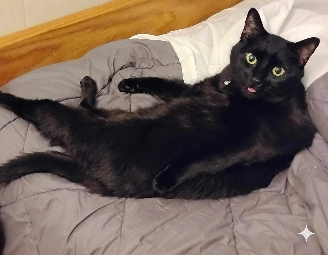 Bellboy joined the competition — help win amazing prizes! black_cat, cat, pet, animal, indoor, bed, comforter, feline, tongue_out, relaxed, curious_eyes, wooden_headboard, fur, whiskers, collar, sleeping_area, cozy, resting, domestic_cat, playful