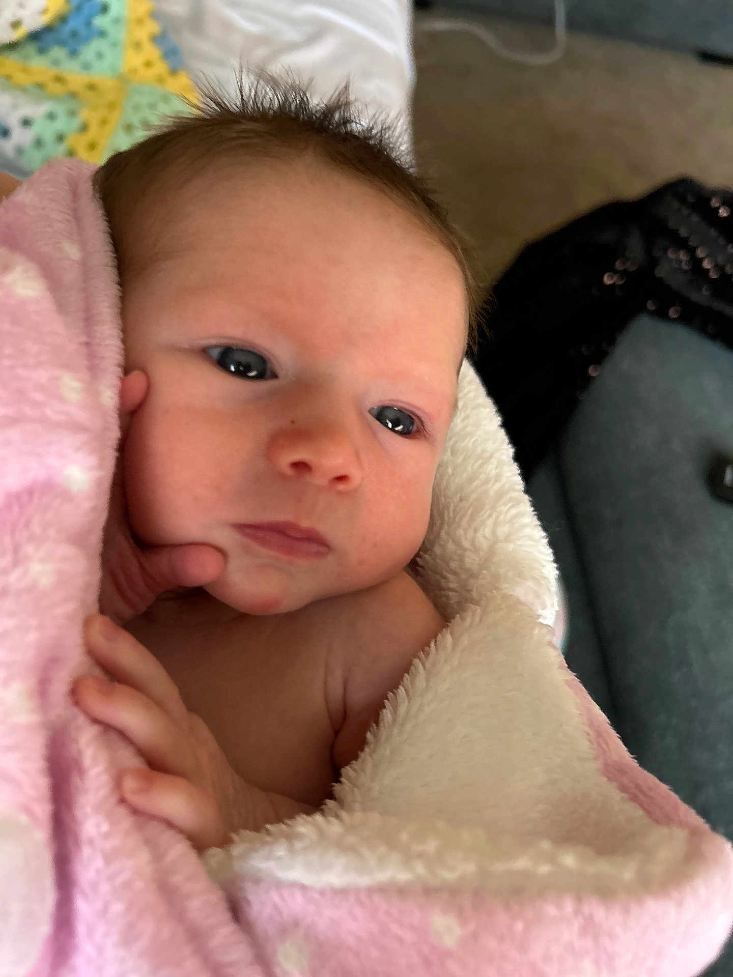 Scarlett joined the competition — help win amazing prizes! baby, bed, bedroom, blanket, bodypart, cushion, face, finger, furniture, hand, head, homedecor, indoors, newborn, person, photography, portrait, quilt, sleeping, towel