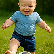 Sophie is registered to the contest to win money with this photo: toddler, child, soccer_ball, grass, outdoor, playing, happy, blue_shirt, denim_shorts, barefoot, kicking, summer, nature, greenery, sport, fun, active, cute, young, smiling