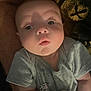 Bentley joined the competition — help win amazing prizes! baby, infant, face, eyes, expression, pucker, gray_shirt, cartoon_character, closeup, portrait, child, cute, skin, arm, soft_background, indoor, young, person, newborn, curious
