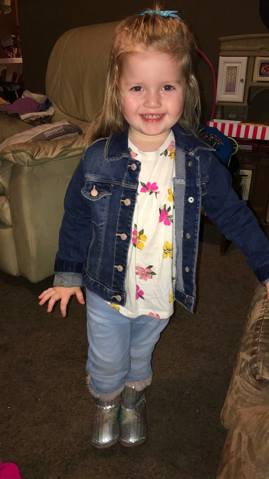 Sofia joined the competition — help win amazing prizes! child, denim, jacket, jeans, joy, outerwear, person, standing, textile, toddler, trousers