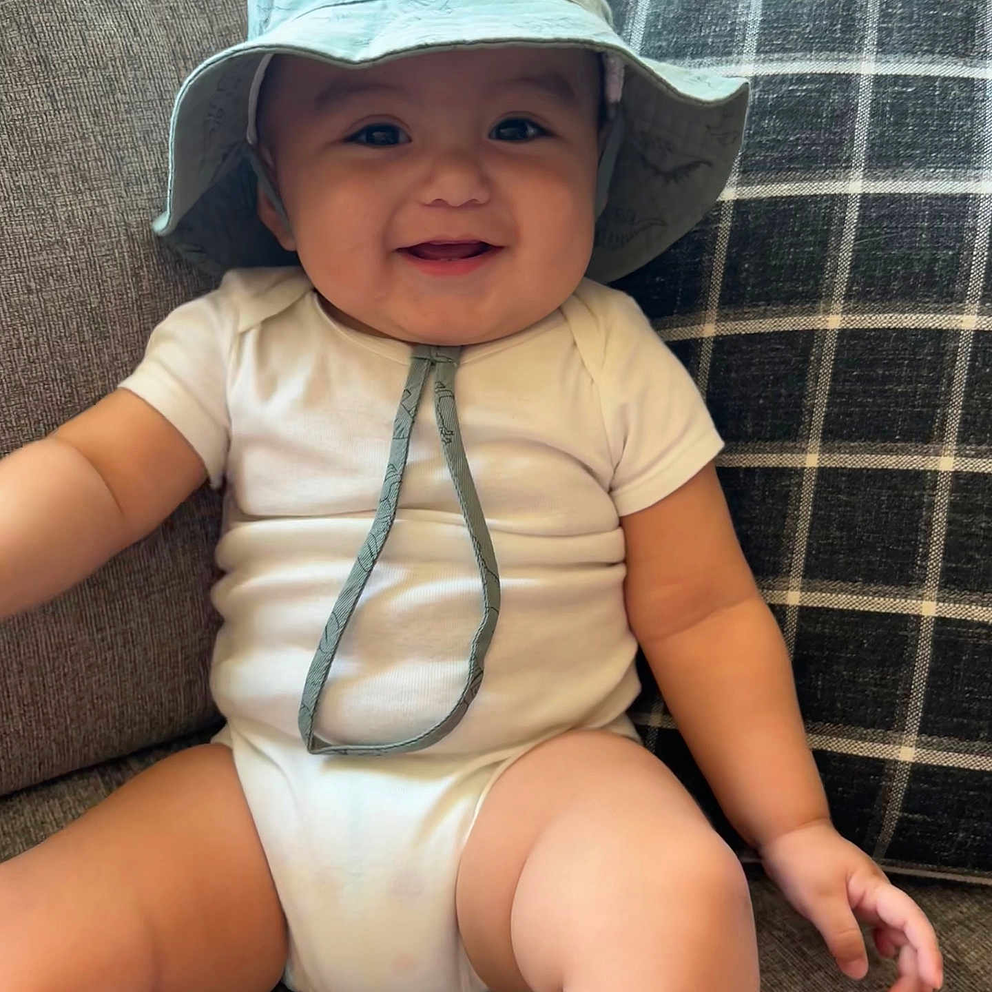 Elijah is registered to the contest to win money with this photo: arm, baby, child, chubby_cheeks, comfortable, couch, cute, dinosaur_print, face, happy, hat, indoors, infant, leg, onesie, plaid_pillow, seated, skin, smile, young_child