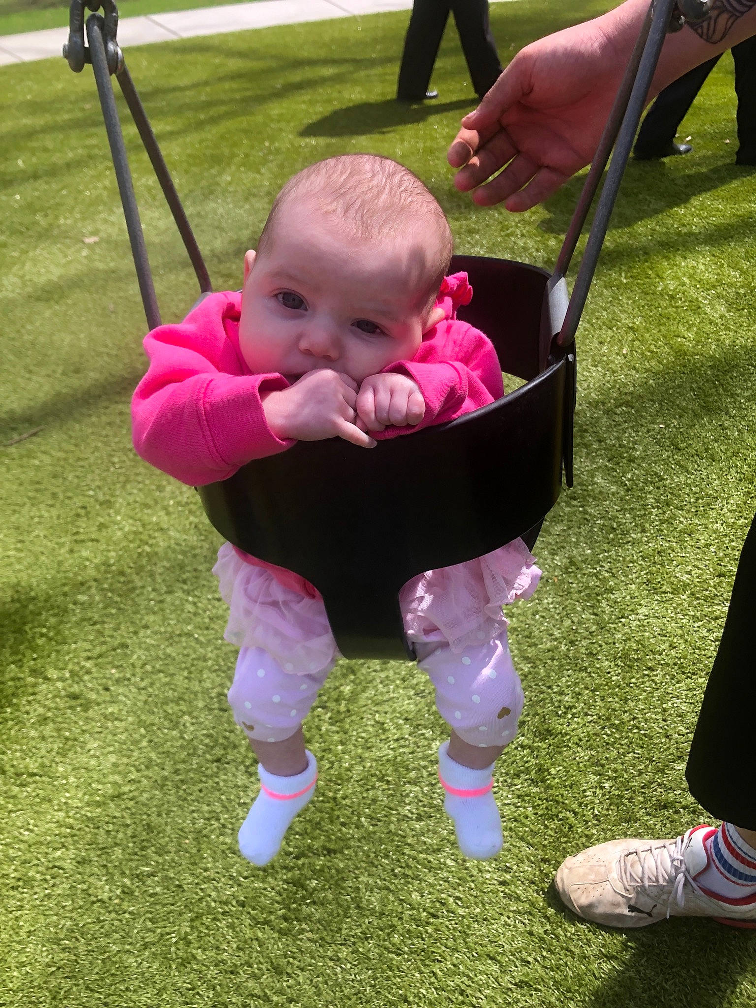 Aleeya joined the competition — help win amazing prizes! baby, baby_products, child, fun, grass, joy, lawn, magenta, outdoor_play_equipment, person, pink, plant, play, playground, product, public_space, recreation, swing, toddler