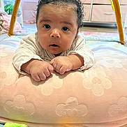 Kehlani joined the competition — help win amazing prizes! baby, infant, curly_hair, cushion, play_gym, toy, colorful, soft, indoor, child, cute, face, hands, expression, looking, lying_down, clothing, room, floor, blanket