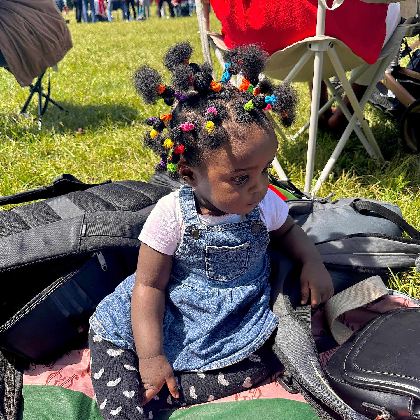 Leynaya a rejoint le concours — aidez-le/la à gagner de superbes lots ! bag, black_tights, blanket, child, colorful_hair, daylight, denim_dress, event, grass, group, hair_ties, heart_pattern, outdoor, park, people, serious_expression, sitting, sunny, tights, toddler