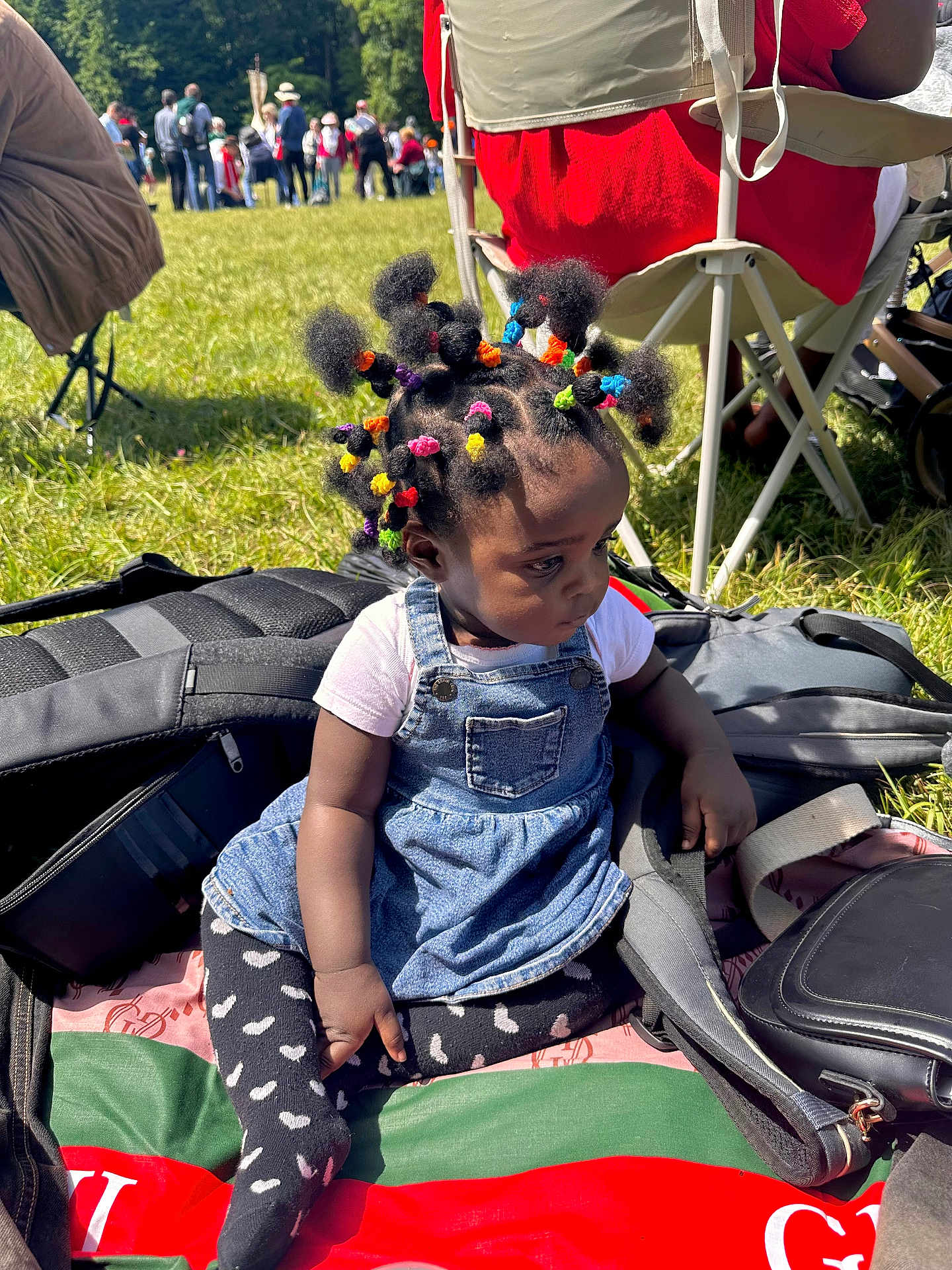 Leynaya a rejoint le concours — aidez-le/la à gagner de superbes lots ! toddler, child, outdoor, sunny, grass, people, group, colorful_hair, hair_ties, denim_dress, tights, black_tights, heart_pattern, bag, blanket, sitting, park, event, serious_expression, daylight
