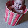 baby, basket, smiling, indoor, floor, child, cute, wicker, woven, happy, skin, tongue, playful, head, person, seat, home, flooring, footwear, barefoot