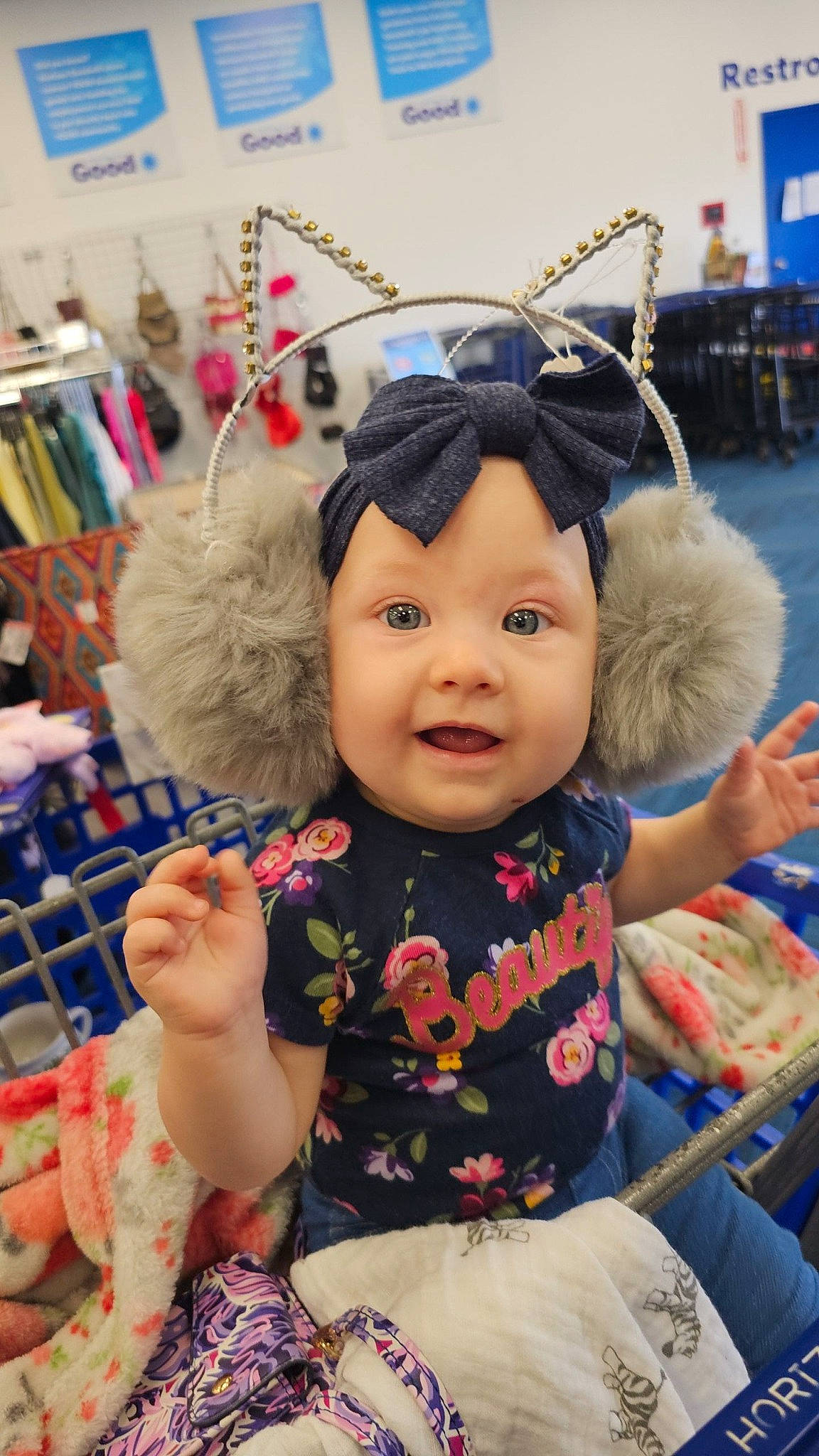 Rylei joined the competition — help win amazing prizes! baby, baby_toddler_clothing, blue, child, event, facial_expression, fashion, fashion_accessory, fun, hairstyle, happy, headwear, holiday, joy, leisure, magenta, person, room, skin, smile
