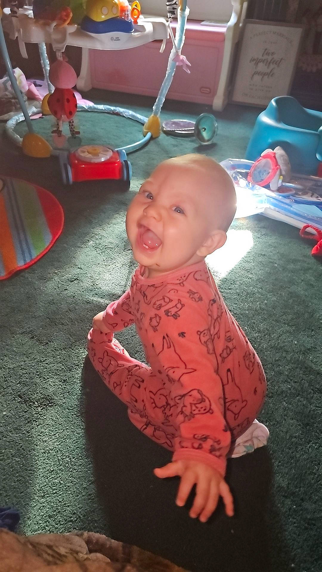 Rylei is registered to the contest to win money with this photo: baby, baby_toddler_clothing, carmine, cheek, child, eye, flooring, fun, human_body, leisure, magenta, person, play, recreation, room, sitting, sleeve, smile, toddler, wood