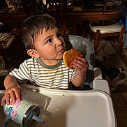 Mikel joined the competition — help win amazing prizes! toddler, child, high_chair, sandwich, cup, striped_shirt, food, dining_room, wooden_chair, table, messy, curious, indoor, person, face, hand, drink, seat, furniture, floor