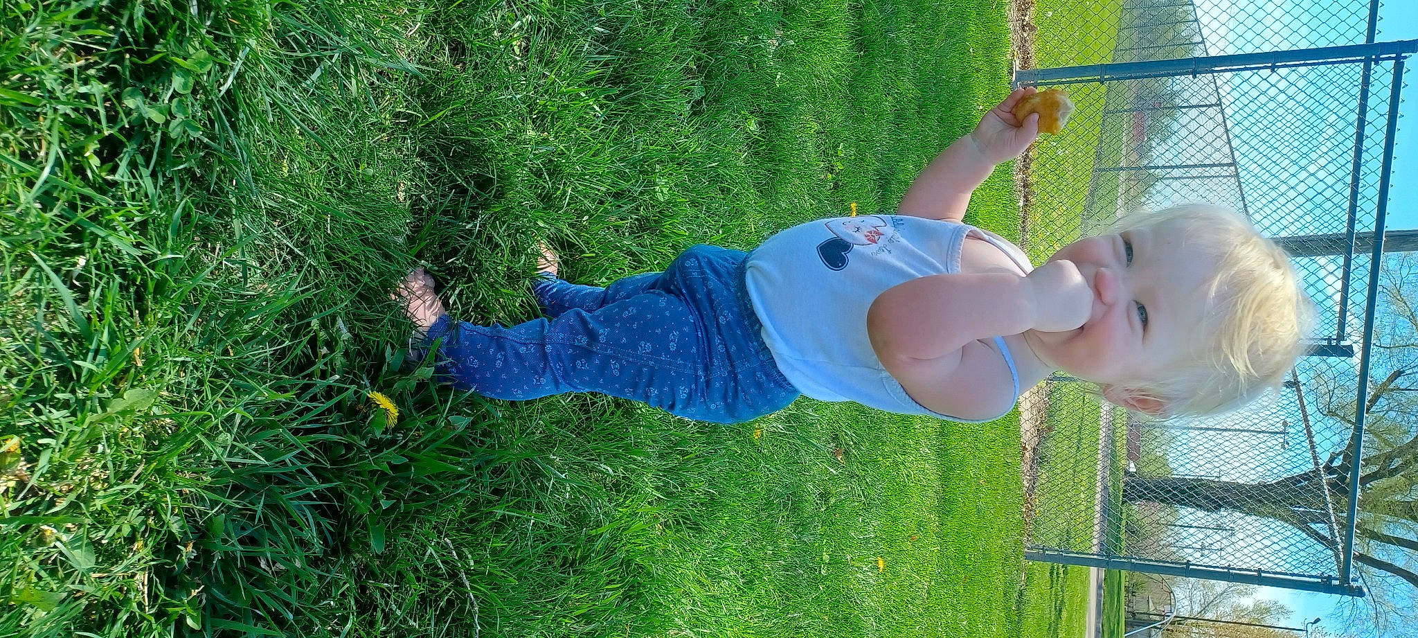 Madalyn joined the competition — help win amazing prizes! baby, baby_toddler_clothing, child, denim, electric_blue, fun, grass, grass_family, grassland, happy, lawn, leisure, outdoor_play_equipment, people_in_nature, person, plant, playground, recreation, t_shirt, toddler