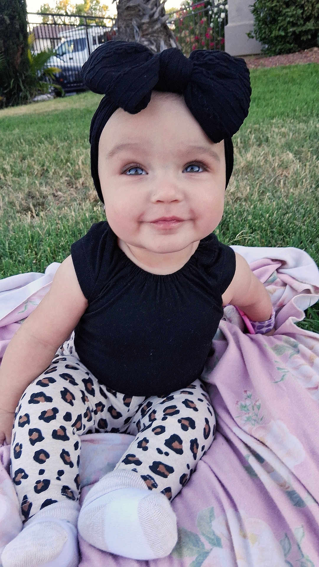 Delilah is registered to the contest to win money with this photo: baby, child, smiling, outdoor, grass, blanket, headband, black_clothing, leopard_print, leggings, socks, cute, portrait, young_child, nature, garden, greenery, sitting, happy, infant