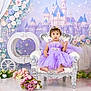 toddler, child, purple_dress, princess, chair, castle, flowers, carriage, fairy_tale, portrait, indoor, decorations, sparkles, costume, crown, smile, baby, fantasy, photography, cute