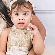 Angelie is registered to the contest to win money with this photo: toddler, child, lace_dress, headband, jewelry, bracelet, rings, adult_arm, white_background, portrait, curious_expression, sitting, baby, closeup, female, skin, hand, foot, elegant, indoor