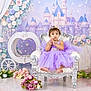 toddler, child, dress, purple, flower_crown, chair, castle_backdrop, flowers, fairy_tale, portrait, indoor, cute, smiling, sitting, decor, sparkles, costume, young_child, celebration, pose