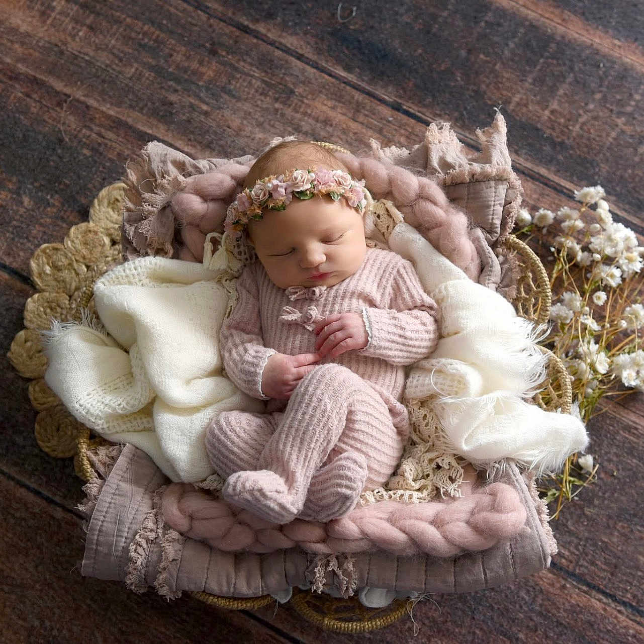 Lilyona joined the competition — help win amazing prizes! baby, basket, blanket, cozy, cute, decor, floral, flower_crown, headband, indoor, infant, knitted_outfit, newborn, peaceful, portrait, resting, sleeping, soft_texture, warm, wooden_floor