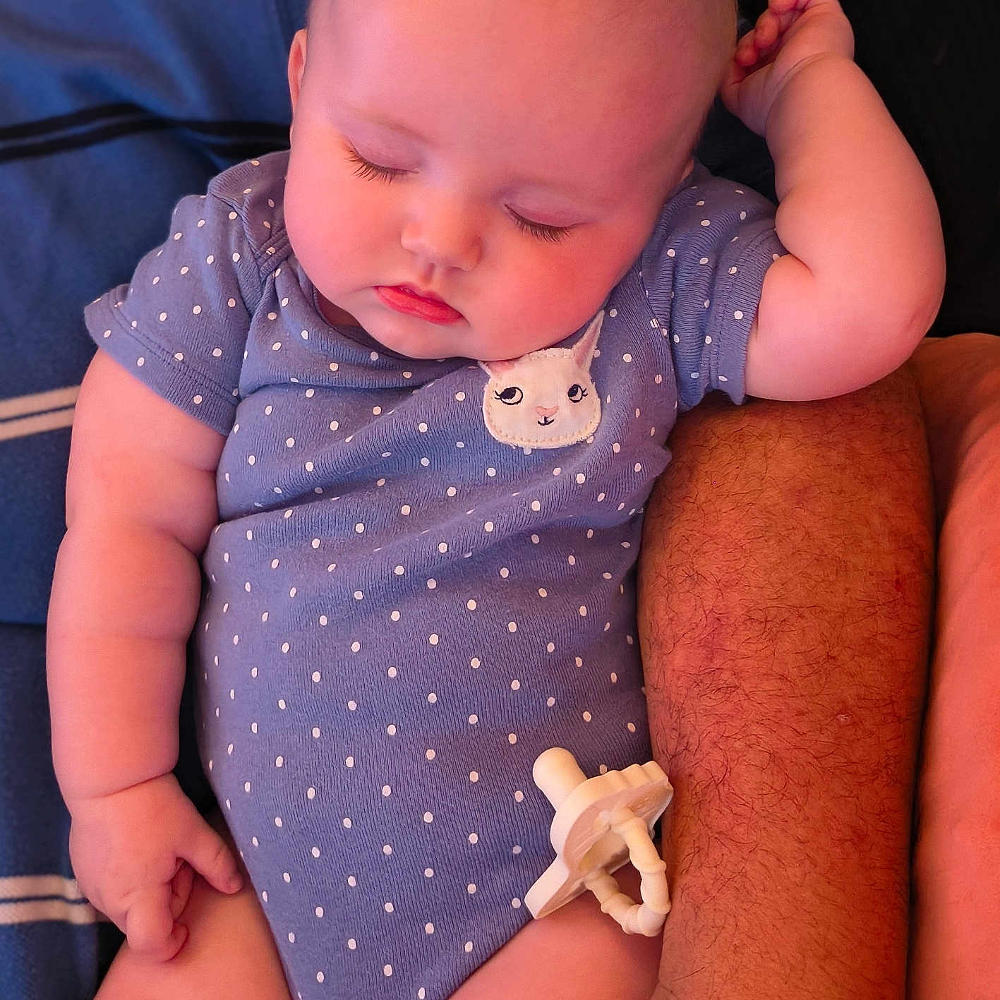 Journey joined the competition — help win amazing prizes! adult, arm, baby, blue, child, close_up, cute, face, hand, indoor, infant, onesie, pacifier, peaceful, polka_dot, portrait, resting, skin, sleeping, soft_lighting