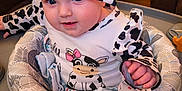Journey is registered to the contest to win money with this photo: baby, baby_seat, baby_toys, bright_eyes, child, clothing, colorful, comfort, cow_print, cute, face, hand, headband, indoor, infant, playtime, portrait, smile, soft_cushion, toy