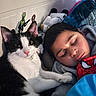 bedroom, black_and_white, blanket, cat, child, comfort, cozy, cute, face, feline, home, indoor, nap, peaceful, resting, sleeping, spiderman, toy, wall_sticker, young