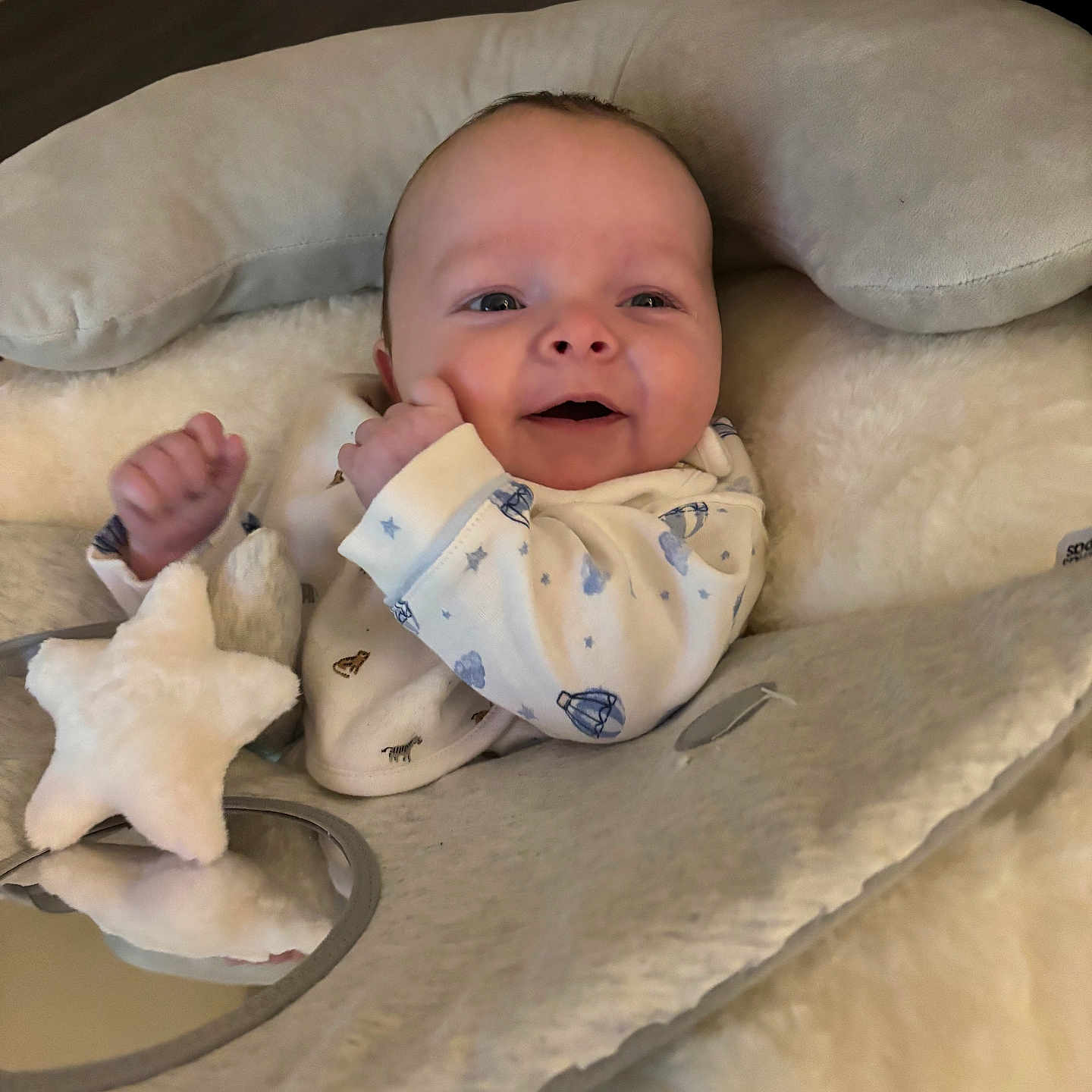 Luca-Bleu joined the competition — help win amazing prizes! baby, blanket, child, comfort, cozy, cushion, cute, face, happy, head_support, indoors, infant, newborn, person, plush_toy, portrait, sleepwear, smiling, soft_texture, star_toy