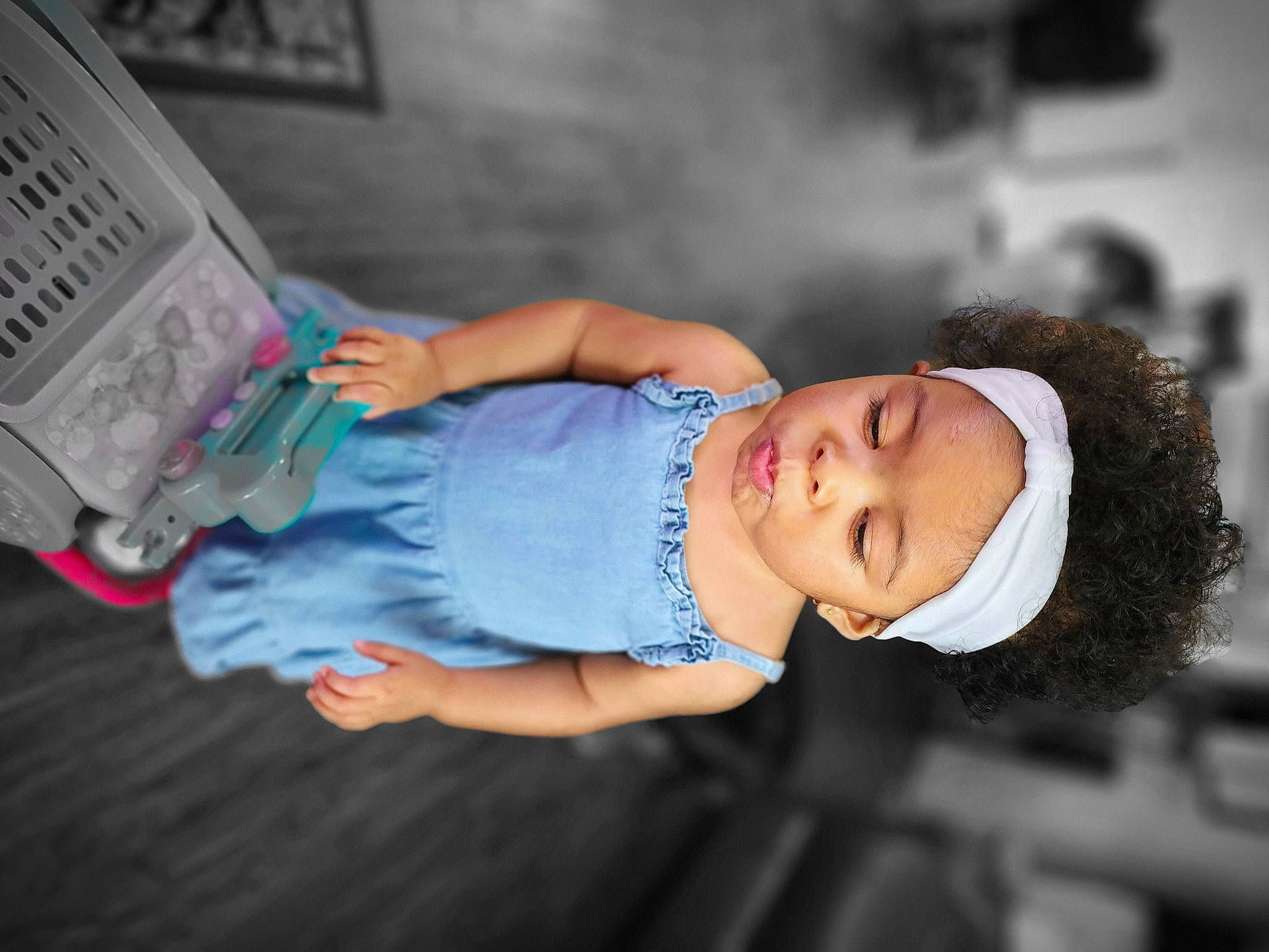 Lilyana joined the competition — help win amazing prizes! baby, baby_products, baby_toddler_clothing, child, denim, electric_blue, flash_photography, flooring, fun, happy, headwear, human, pattern, person, play, portrait_photography, room, sitting, smile, toddler