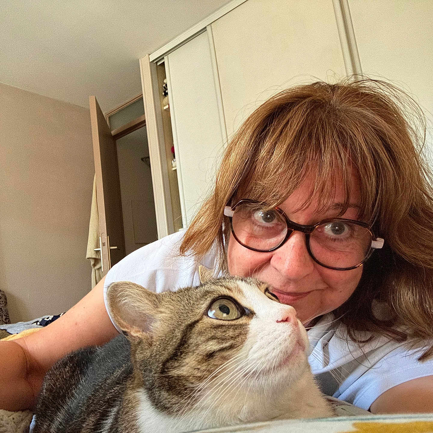 Sylvie Pares a rejoint le concours — aidez-le/la à gagner de superbes lots ! bed, bedroom, blanket, casual, cat, door, face, furniture, glasses, hair, home, indoor, looking_up, person, pet, relaxed, smile, tabby_cat, white_shirt, woman