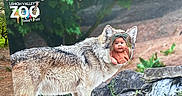 Sage joined the competition — help win amazing prizes! child, baby, wolf_cutout, zoo, outdoor, trees, rocks, headband, face_cutout, sign, nature, photoboard, playful, curious, greenery, person, footwear, ground, background, fun