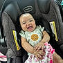 Selena is registered to the contest to win money with this photo: baby, car_seat, smiling, blanket, pink, cute, child, infant, clothing, seatbelt, happy, portrait, indoors, head, hands, toy, fabric, pattern, person, seat