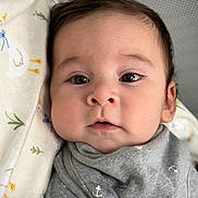 Bryan is registered to the contest to win money with this photo: anchor_pattern, baby, baby_bib, blanket, child, closeup, clothing, cozy, cute, expression, eyes, face, grey_outfit, indoors, infant, newborn, peaceful, portrait, resting, soft_texture