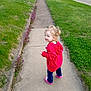 Alyvia joined the competition — help win amazing prizes! child, curly_hair, red_hoodie, pink_shoes, sidewalk, grass, flowers, outdoor, playful, smiling, toddler, person, nature, casual_clothing, walking, spring, greenery, young_child, curly_blonde_hair, daytime