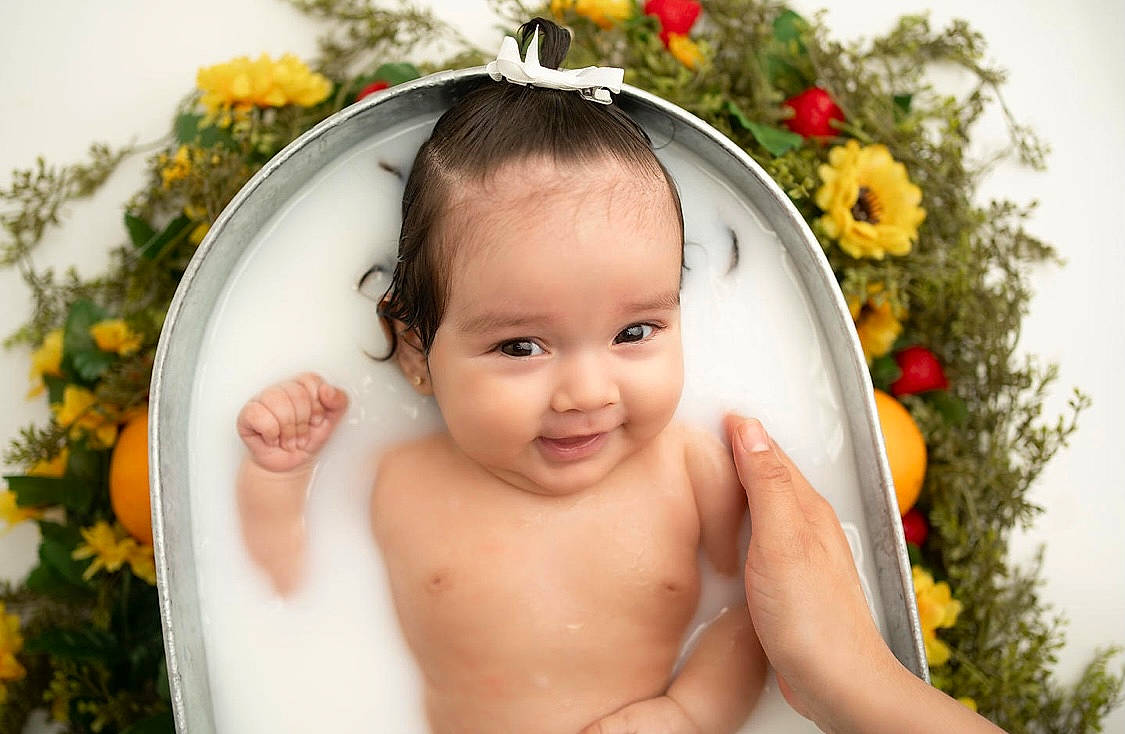 Avayah joined the competition — help win amazing prizes! baby, black_hair, cheek, chest, chin, eye, eyelash, finger, flower, grass, happy, head, headpiece, joy, lip, nose, people_in_nature, person, plant, smile