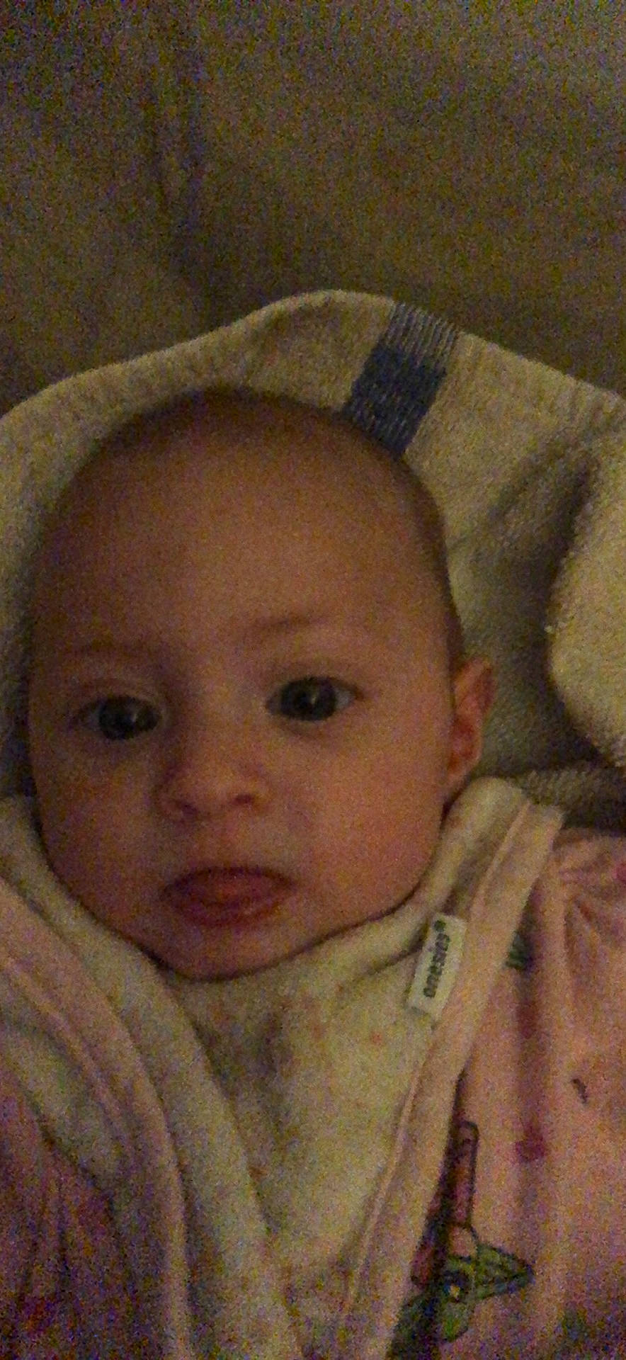 Brynlee is registered to the contest to win money with this photo: baby, baby_toddler_clothing, cheek, child, chin, comfort, eye, eyebrow, eyelash, forehead, head, iris, linens, lip, mouth, no_expression, nose, person, skin, toddler