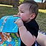 toddler, child, book, outdoor, grass, blanket, chewing, reading, animal_book, fence, tree, sunlight, curious, portrait, casual_clothing, baby, nature, playtime, summer, young_child