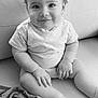 baby, child, couch, blanket, smiling, sitting, indoors, toddler, face, clothing, hand, foot, hair, comfort, portrait, monochrome, cute, expression, relaxation, home