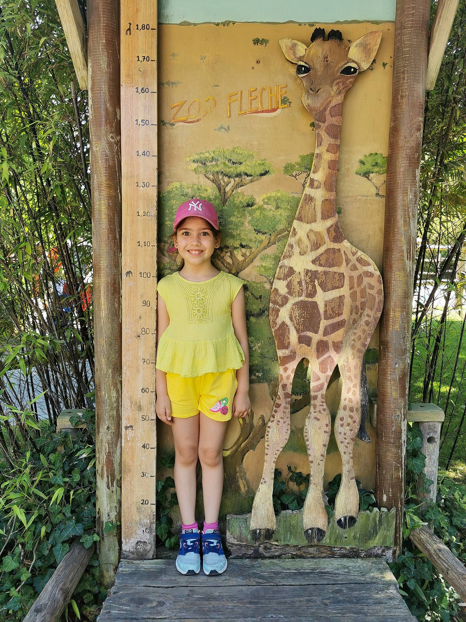 Danaé participe au concours pour gagner de l'argent avec cette photo : eye, fawn, fun, giraffe, giraffidae, grass, green, happy, head, headwear, human_body, joy, leaf, leisure, natural_environment, person, photograph, plant, recreation, standing