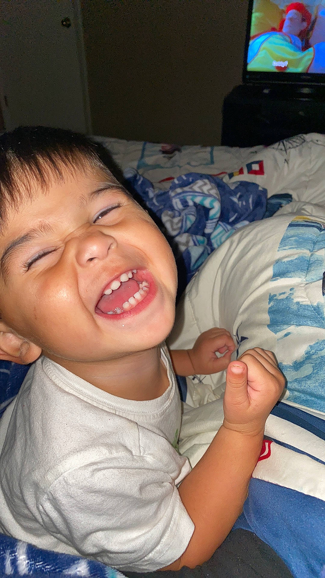 Graysen joined the competition — help win amazing prizes! baby, cheek, child, electronic_device, facial_expression, fun, happy, joy, laugh, mouth, nose, person, smile, toddler, tooth