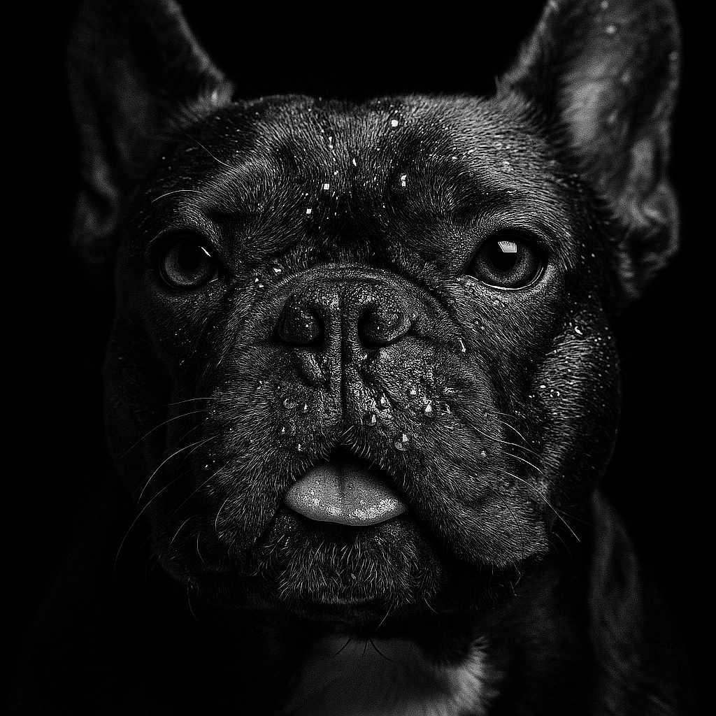 Volt a rejoint le concours — aidez-le/la à gagner de superbes lots ! dog, french_bulldog, close_up, black_and_white, portrait, wet_face, water_droplets, tongue_out, animal, pet, cute, ears, whiskers, dark_background, texture, expression, canine, snout, fur, studio_lighting