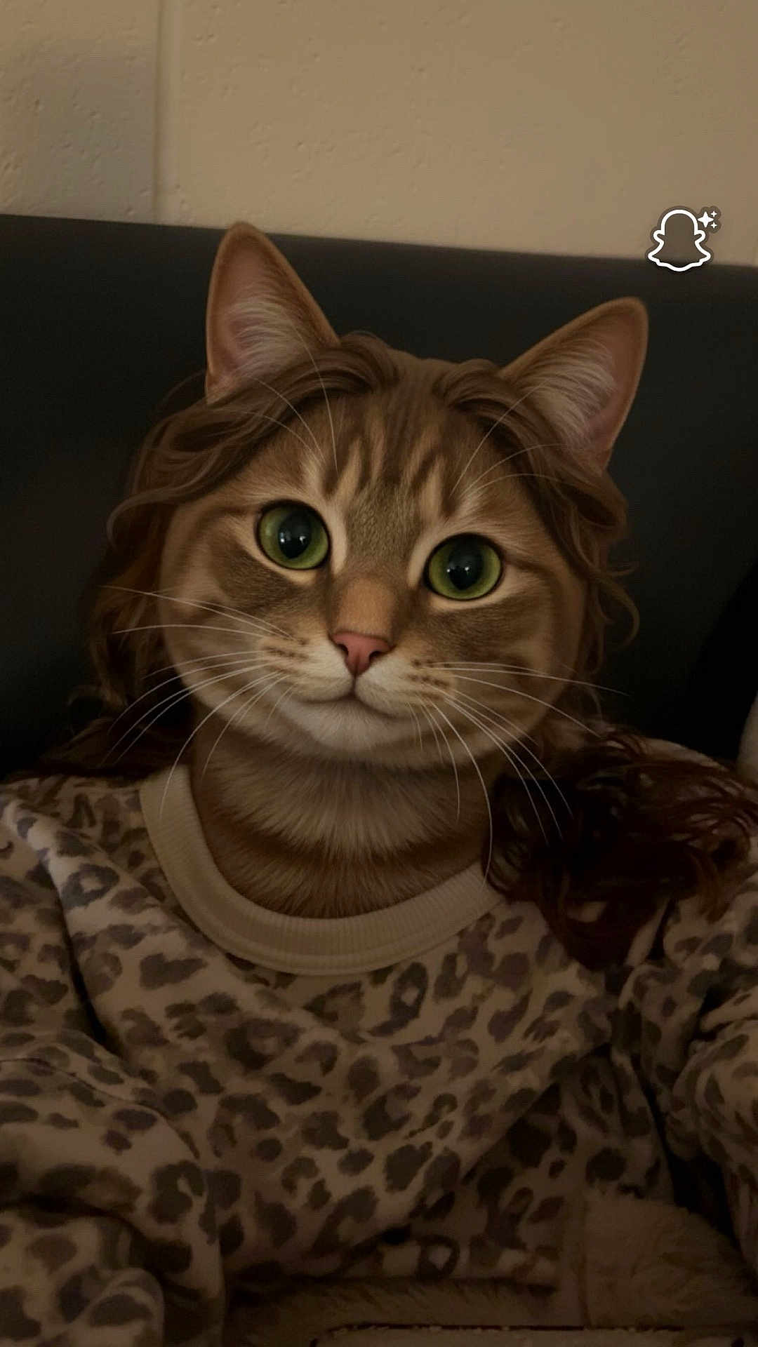 Rosie is registered to the contest to win money with this photo: cat_face_filter, green_eyes, whiskers, leopard_print, sweater, long_hair, wavy_hair, indoor, wall, black_background, portrait, close_up, animal_filter, face_swap, digital_effect, cute, funny, person, costume, cosplay