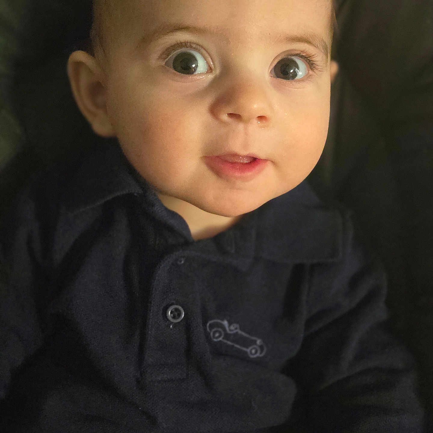 Ernest participe au concours pour gagner de l'argent avec cette photo : baby, car_emblem, child, closeup, clothing, curious, cute, dark_shirt, expression, eyes, face, head, indoors, infant, person, portrait, sitting, skin, soft_lighting, young